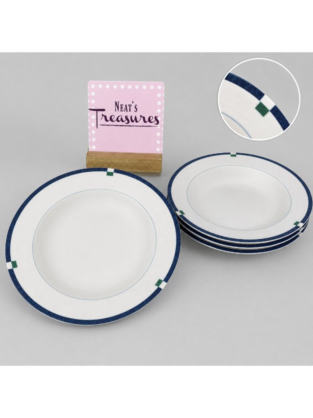 Mikasa CAYMAN L5560  Blue Band Green Block Fine China Rim Soup Pasta Bowl Set 4